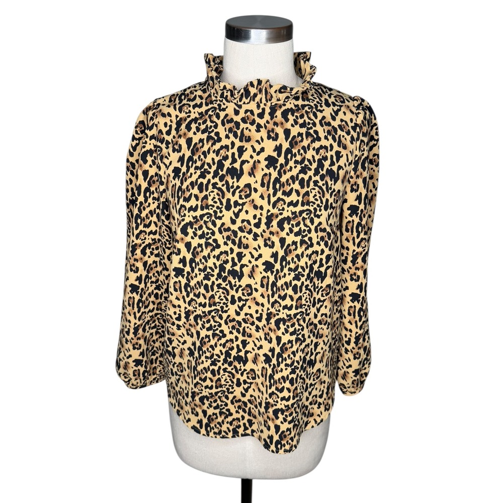 J.CREW Brown Leopard Print Blouse Ruffle Trim Women's Size XS Career Chic